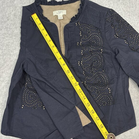 ANN TAYLOR LOFT Blazer Womens 6 Navy Eyelet Ruffle Cropped 3/4 Sleeve Cotton - Picture 6 of 7